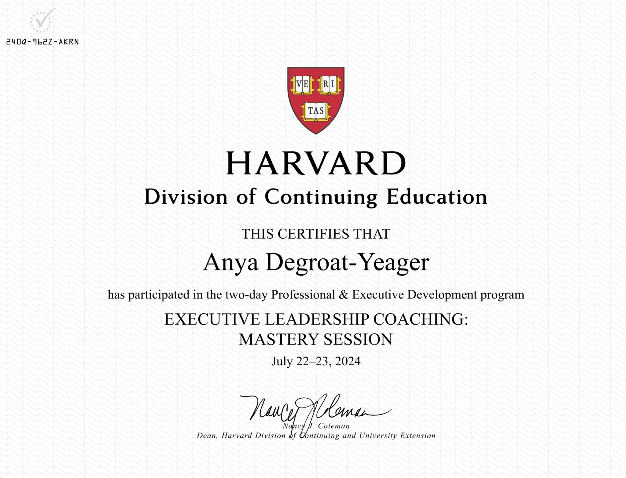 Harvard Division of Continuing Education — Executive Leadership Coaching Mastery Session