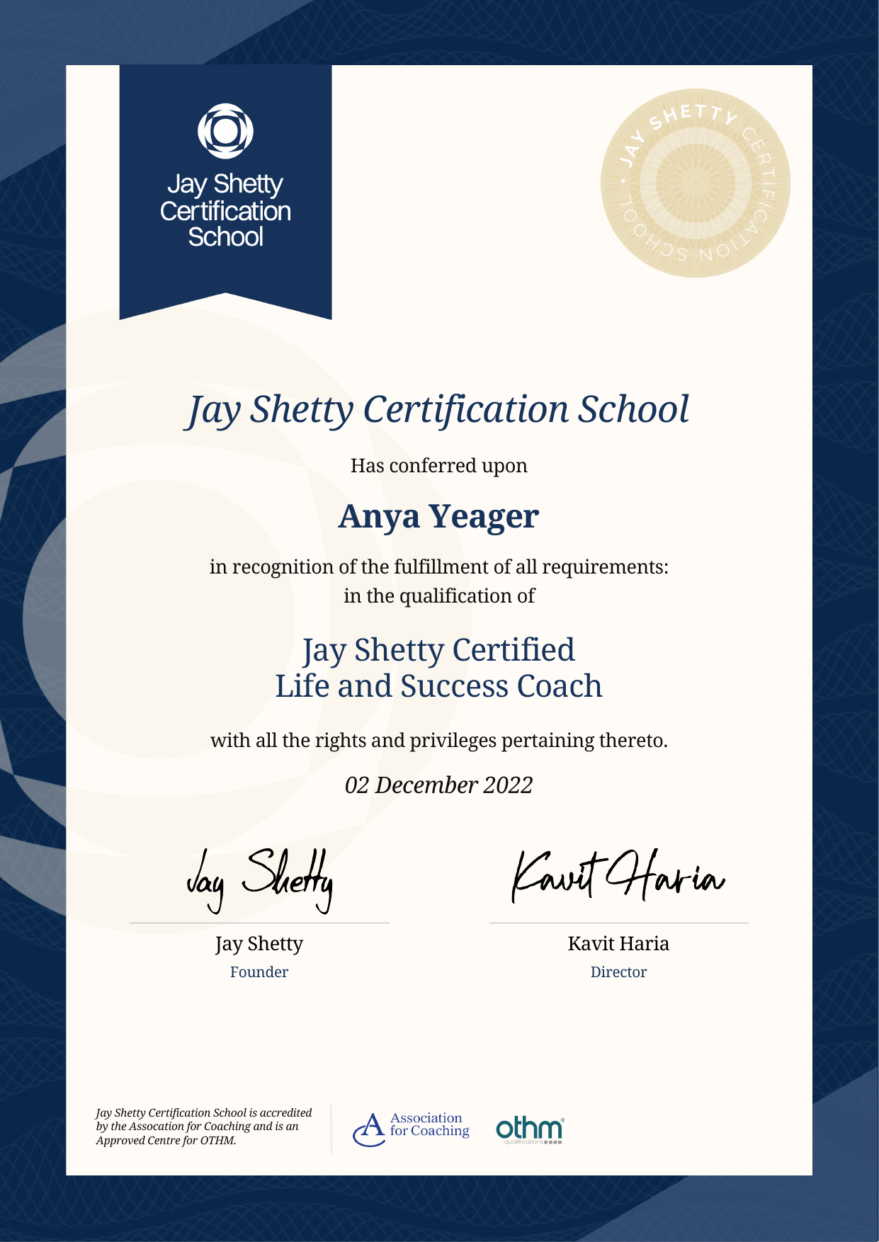 Jay Shetty Certification School — Graduation Certificate